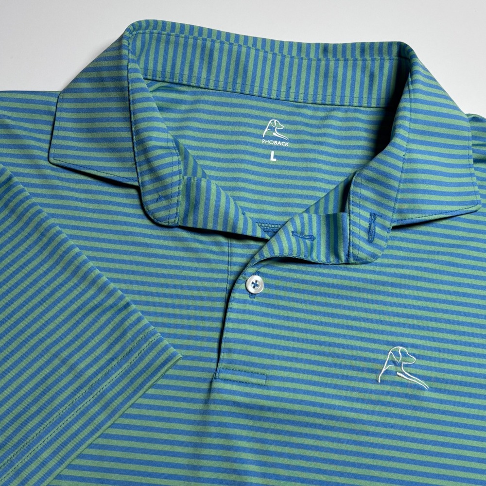 Rhoback Performance Golf Polo Shirt Mens L Green Blue Striped Preppy Stretch